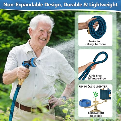 75FT Garden Hose, Lightweight Flexible Water Hose, 5/8" Kink Free Leak Proof Hose, Heavy Duty 96-Layer Woven with 3/4" Brass Fittings, 10 Function Nozzle for Yard Lawn Outdoor Car Wash(BlueBlack)
