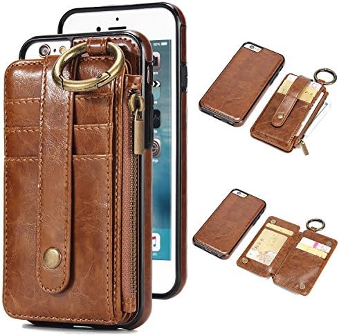 iPhone 8/7 Wallet Case with Card Holder,Wisecoco iPhone 7 Leather Case,Magnetic Detachable Slim Shockproof Car Phone Cover,Credit Card Holder Strap Slot with Zipper Pocket For Apple iphone 8/7 (Brown)