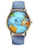 Top Plaza Rotating Airplane World Map Watch Unisex Retro Bronze Case Blue PU Leather Band Quartz Watch