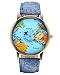 Top Plaza Rotating Airplane World Map Watch Unisex Retro Bronze Case Blue PU Leather Band Quartz Watch