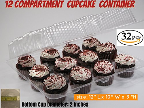 Click Here to See More Images Cupcake and Muffin Containers with Superior Hinged Lid, Clear 12-Compartment, Strong and Sturdy, BPA Free, crystal Clear Plastic,( pack of 32)