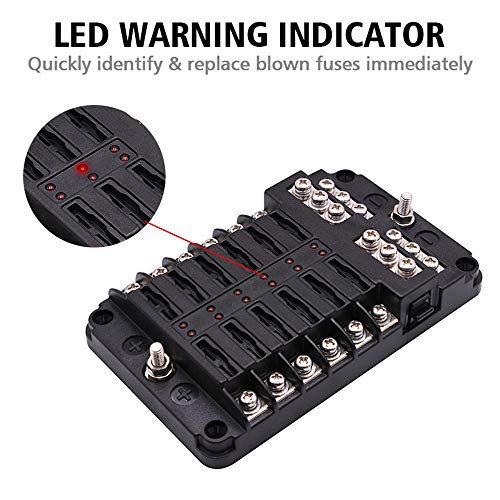 12-Way Fuse Block W/Negative Bus â€“ WUPP ATC/ATO Fuse Box with LED Warning Indicator & Durable Protection Cover for Automotive Car Boat Marine RV Truck DC 12-24V, Fuses Not Included