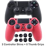 DualShock 4 Silicone Skin for Playstation 4 - PS4 Controller Grip Anti-Slip Cover Protector Case for Sony Games, Slim, Pro - 2 Pack PS4 Accessories Skins - 4 Pairs PS4 Thumb Grips - Black &amp; Red