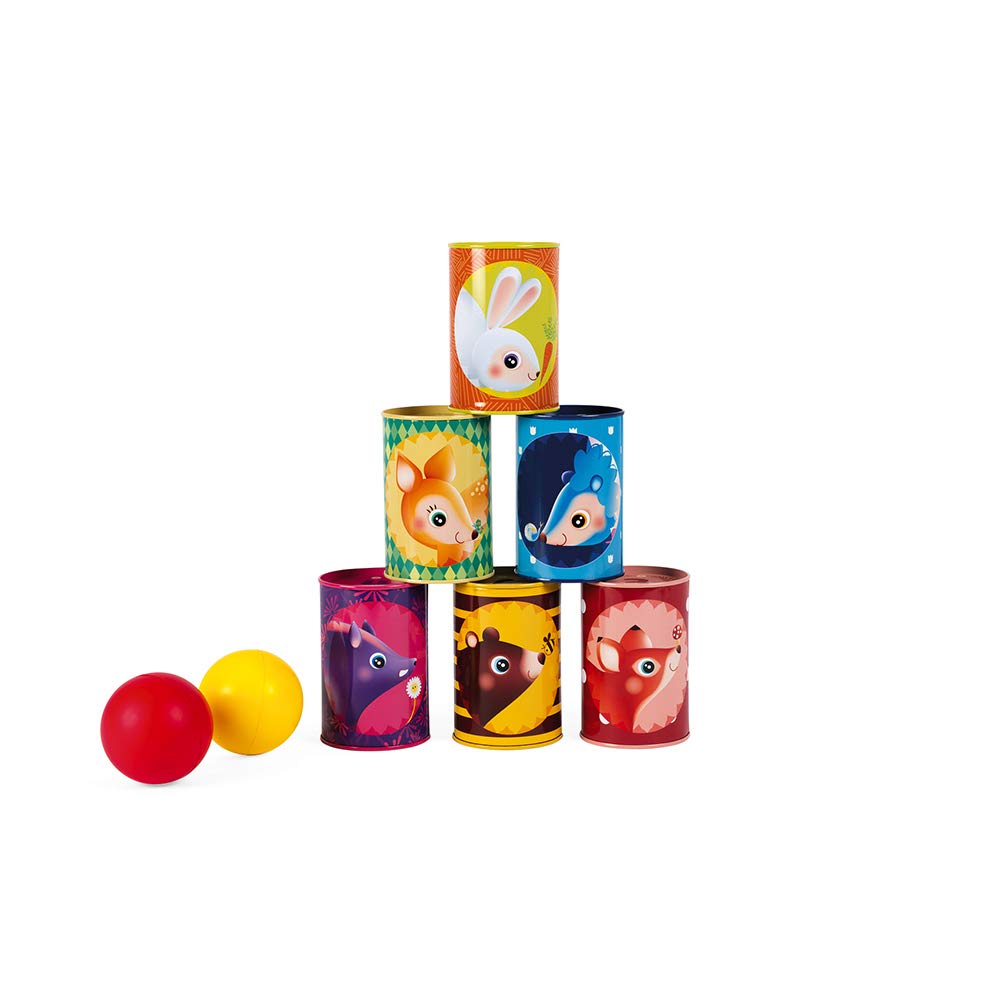 Janod - Forest Tumbling Cans - Outdoor Game - 6 Metal Boxes and 2 Foam Balls - Fine Motor Skills - from 3 Years Old, J03206