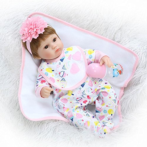 Silicone Reborn Baby Dolls Girl Look Real Lifelike Toddler White Outfit with Lovely Patterns 16 Inches
