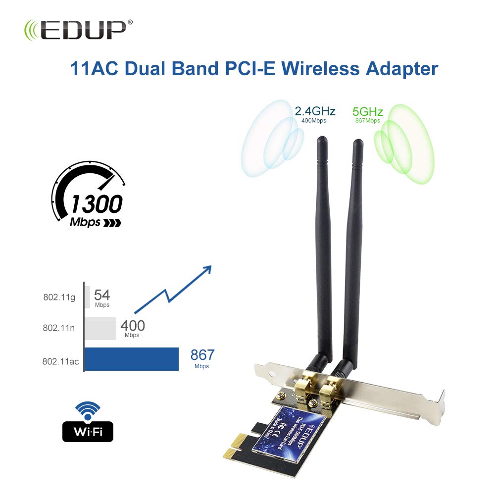 WiFi Card AC1300Mbps EDUP Wireless WiFi PCIe Network Adapter Card 5GHz/2.4GHz Dual Band PCI Express Network Card with 2×6dBi High Gain Antenna for Desktop/PC Gaming