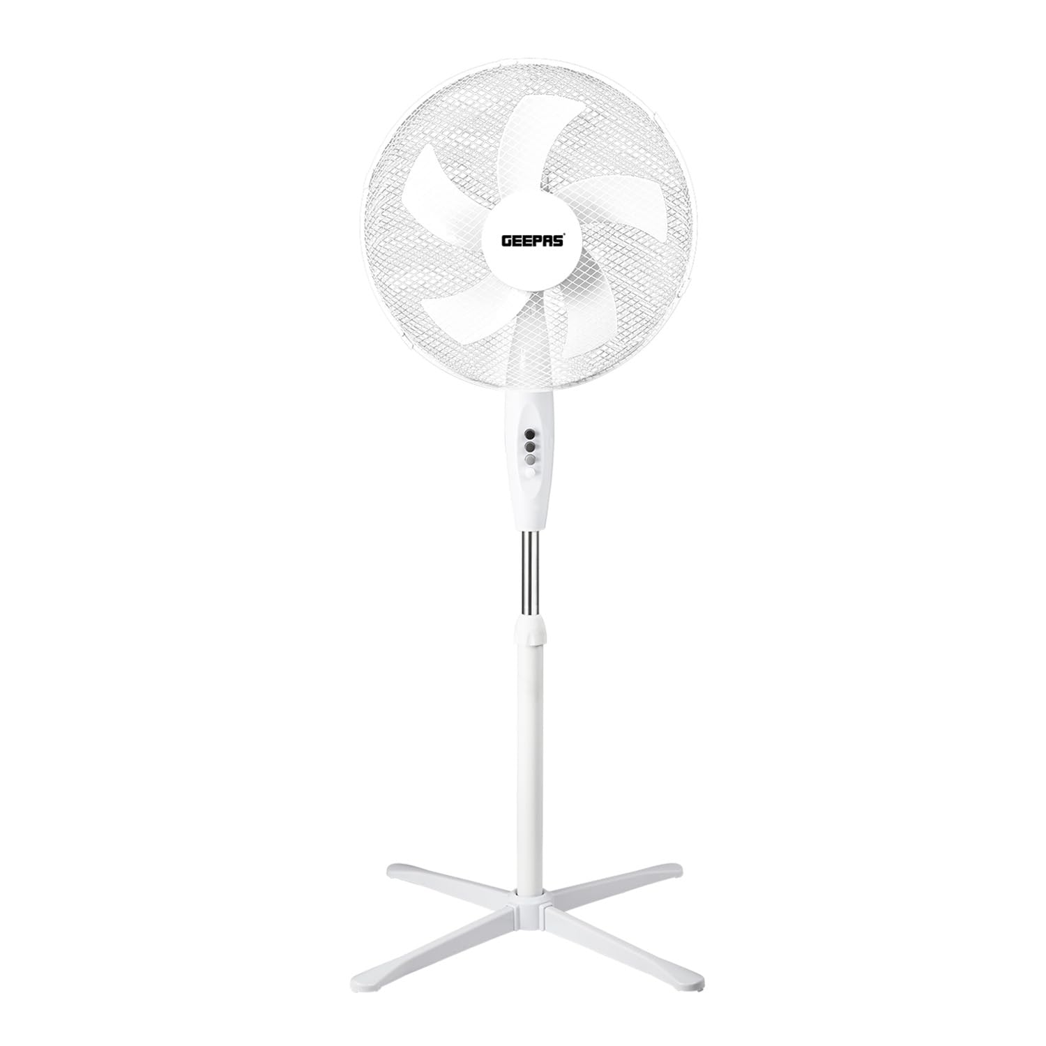GEEPAS 16” Pedestal Free Standing Cooling Fan | 3 Speed 5 Blades Wide Angled Oscillation | Pivoting Head & Adjustable Height | Powerful Airflow Floor Fan | Home Office Use, 1 Year Warranty White 45W