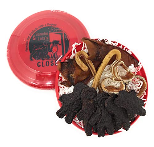 Sancho & Lola's Natural Chews Set: 2 Pig Ear Halves, 2 Petite Candy Cane Steer Bully Sticks, 6 Lil' Buddy Beef Treats Packed in Red or Green Flying Disc - Made in USA