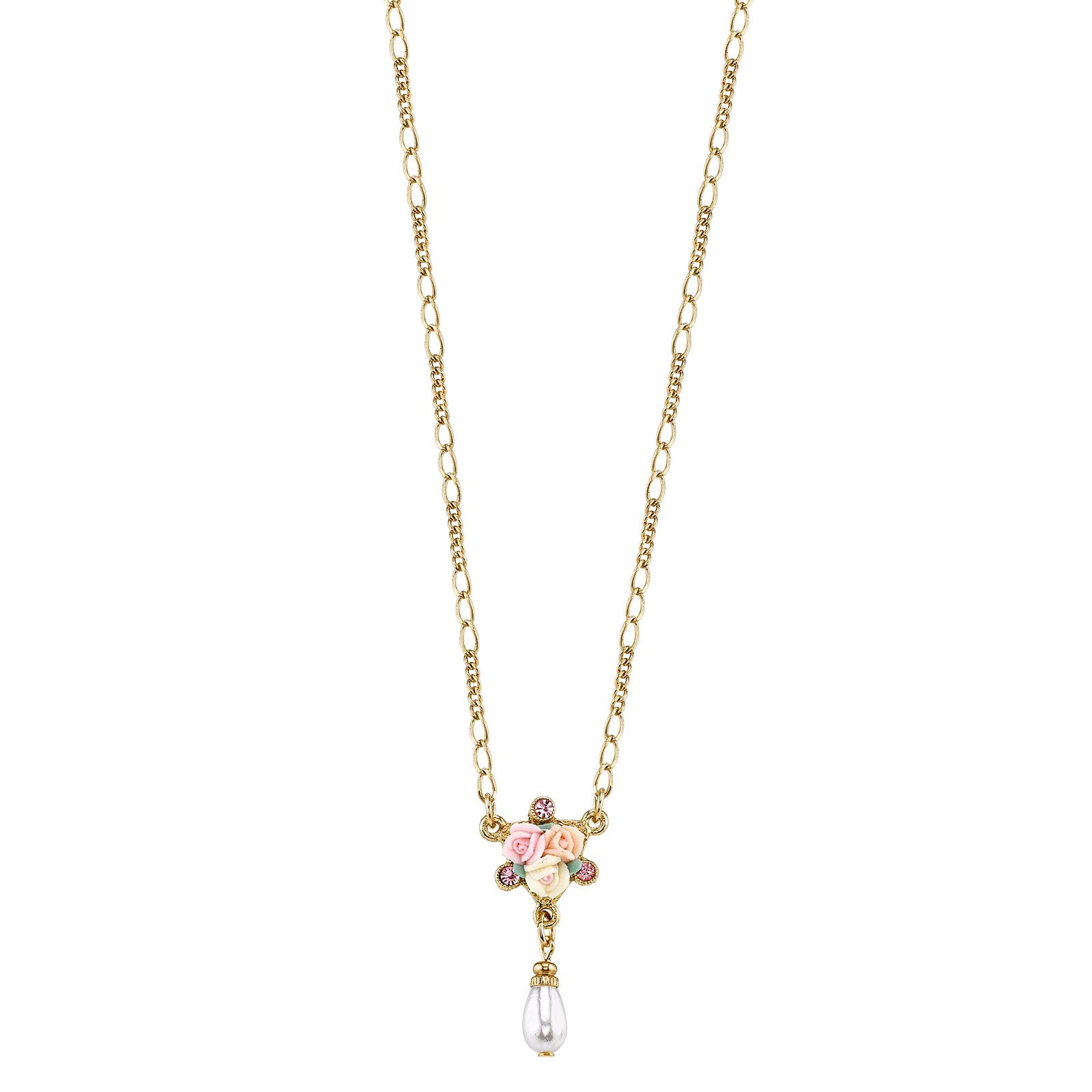 1928 Jewelry Collar con colgante de perlas de imitación de porcelana rosa y marfil de cristal para mujer, 16.0 in + extensor de 3.0 in, flores hechas a mano, joyería floral atemporal, fabricado en Estados Unidos