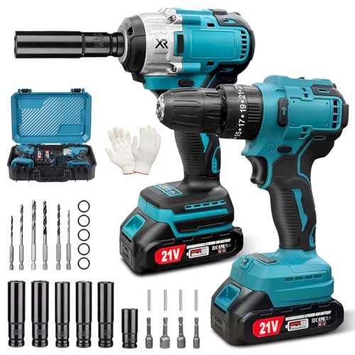 Taladro y Llave de Impacto Inalámbricos 2 en 1, Kit de Herramientas Eléctricas, Pistola de Impacto 21V 650NM, Motor Sin Escobillas, Taladro Atornillador 25+3, 2 velocidades, 29 piezas, Incluye Caja