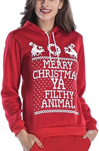 Nowyi Women's Merry Christmas Ya Filthy Animals Sweatshirts Xmas Villus Hoodie Pullovers for Woman Red M