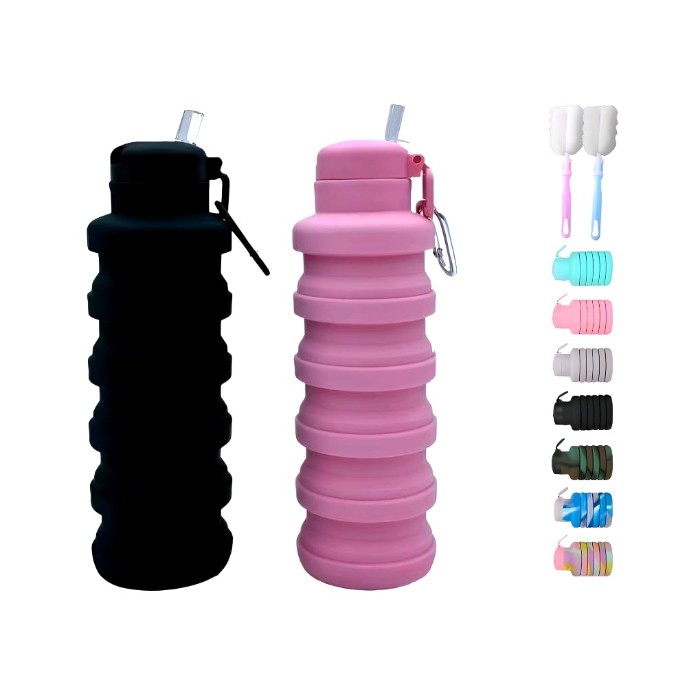 Photo 1 of LIZADIN Collapsible water bottles 2 Pack with brush,BPA Free Travel Silicone Water Bottle with Carabiner,Reusable Foldable Portable Lightweight Sports bottles for Gym Camping Hiking (Black+Pink)