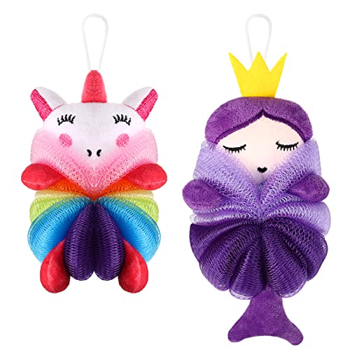 Nuenen 2 Pcs Bath Loofahs Kids Toddler Cute Cartoon Bath Sponges Loofah Pouf Body Scrubber Mesh Sponges for Children Shower Washing Exfoliating(Unicorn, Princess)