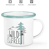 Enamel Camping Coffee Mug, Ideal for Camping Picnics Tea Cup with Green Rim (12 Ounces)