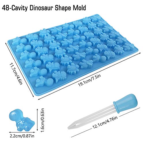 Dinosaur Chocolate Mold, YuCool 3 Pack Silicone Dinosaur Molds with 48-Cavity for Candy Chocolate Jelly, Ice Cube with 3 Bonus Droppers-Purple,Blue, Green