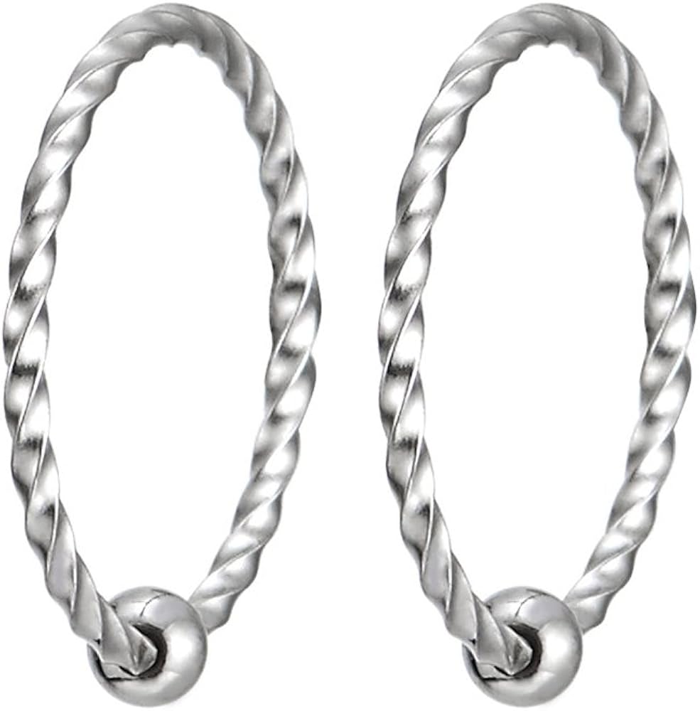 Pair Small Stainless Steel Twisted Swirl Circle Bead Huggie Hinged Hoop Earrings for Men Women