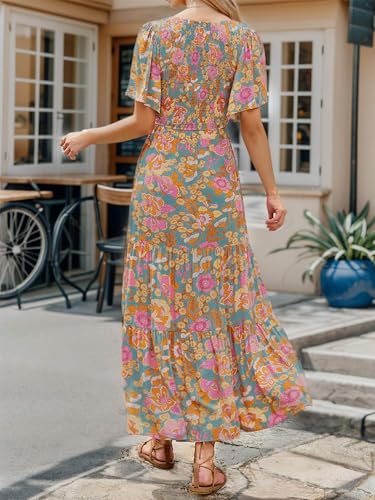 Am Direct Women's Boho Floral Maxi Dress Vacaton Style Flutter Sleeve High Waist Flowy Layel Hem A-Line Pastoralism Dress