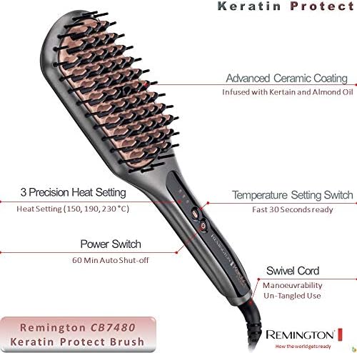Cepillo Alisador Keratin Protect Straight, Queratina y Aceite Almendras, Generador Iónico para Cabello Sin Encrespamiento, Cerámica, 3 Temperaturas hasta 230°C, Calentamiento 30s, CB7480