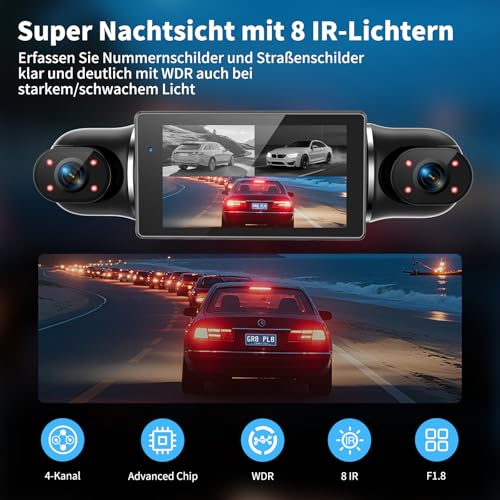 360° Dash Cam Car Front Rear 4 Channel Dash Cam Car Camera FHD 4K + 1080Px3, Free 64GB SD Card, WDR Night Vision (8 IR LEDs), G-Sensor, 4 x 140° Wide Angle, 3 Inch IPS Display, 24/7 Parking Mode, Loop