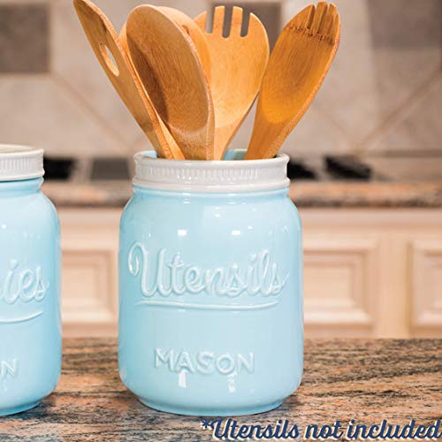 Wide Mouth Mason Utensil Holder - Large Ceramic Kitchen Utensil Holder - Rustic Farmhouse Caddy Organizer For Cooking Utensils, Spatula, Accessories - Beautiful Farm House Countertop Crock Decor