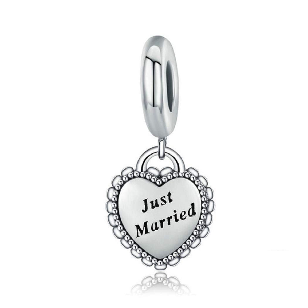 FeatherWish 925 Sterling Silver Just Married My Wife Always Love Heart Pendant Dangle Charm Fits And Compatible With Pandora Bracelets Gift For Friend Mum Sister Daughter Aunt