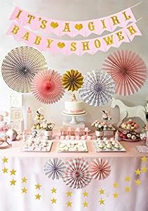 Image of Baby Shower Decorations for Girl - Pink and Gold Paper Fans | It's A Girl Baby Shower Banner | Gold Star Garlands | Complete Party Supplies Set by LoopBubble