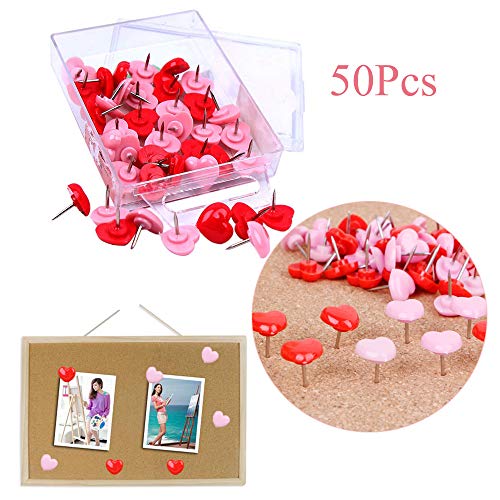 image for gootrades Heart Shape Pink Thumbtacks, 50Pcs Push Pins Decorative Thum