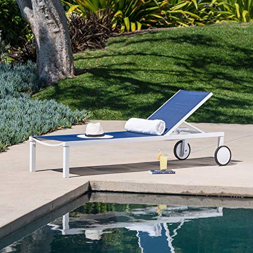 Hanover Windham Adjustable Sling Chaise Lounge Chair, Modern Outdoor Lounge Chair for Patio, Backyard, Poolside, Rust-Resistant Aluminum Frame, Weather-Resistant, Navy/White