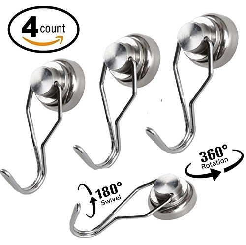 4 Pack Heavy Duty Magnetic Hooks 30lb Powerful Neodymium Refrigerator Magnet Hooks by Mecooa - Adjustable Swivel Utensils Hooks, Great for Home Kitchen Organization and Storage.