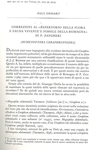Correzioni al â€œRepertorio della flora e fauna vivente e fossile della Romagnaâ€ di P. Zangheri (Hymenoptera Cerphronoidea) .
