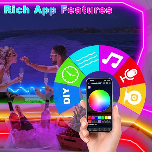 50FT/15M Boat LED Strip Lights Waterproof, Marine Pontoon Boat LED Strips, 12V RGB Light Strip with APP & Remote, IP67 Waterproof Exterior & Interior Lighting for Fishing Kayak, RV, Yacht, Jon