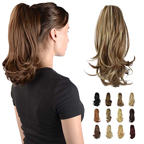 Sofeiyan 14 inch Curly Synthetic Hair Piece Ponytail Extension Drawstring on a Claw Clip Attachment Natural Looking for Women Light Golden Brown & Pale Golden Blonde