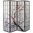 Roundhill Furniture Black Japanese 4-Panel Screen Room Divider, Plum Blossom