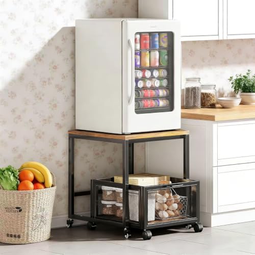 Beauenty Mini Fridge Stand, Beverage Fridge Table, 19.7" x 19.7" Mini Refrigerator Cart with Storage Drawer Basket, Coffee Bar Refrigerator Stand for Office Home Apartment