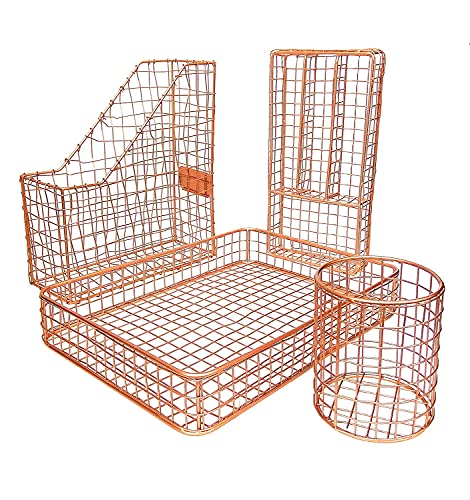 Kraftyhome Office Supplies Desk Accessories, Workspace Organisers – 4 Piece Wire Desk Organizer Set – Stationery Sorter, Paper Tray, Pen Cup, Magazine File (Rosegold))