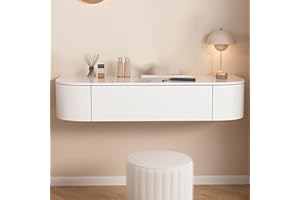 Floating Vanity Makeup Table, Modern White Suspended Desk with Drawers, Wall Mounted Corner Dressing Desk, Wood Hanging Night