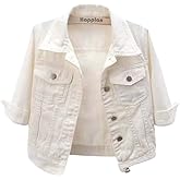 happlan Women's 3/4 Sleeve Short Denim Jacket Lapel Button Down Cropped Trucker Jean Jackets Coats
