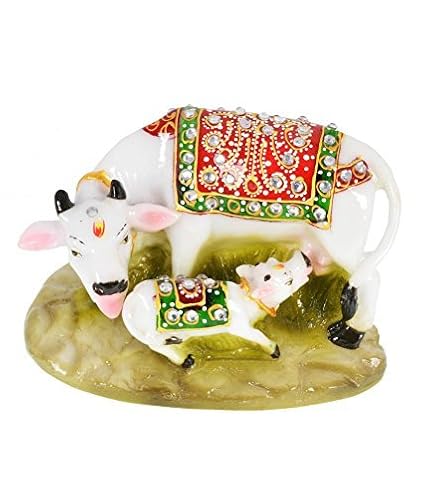 FERRYWALA Good Luck Kamdhenu Cow with Calf Idol Statue for Home Decor(5 * 3 * 2 inch)