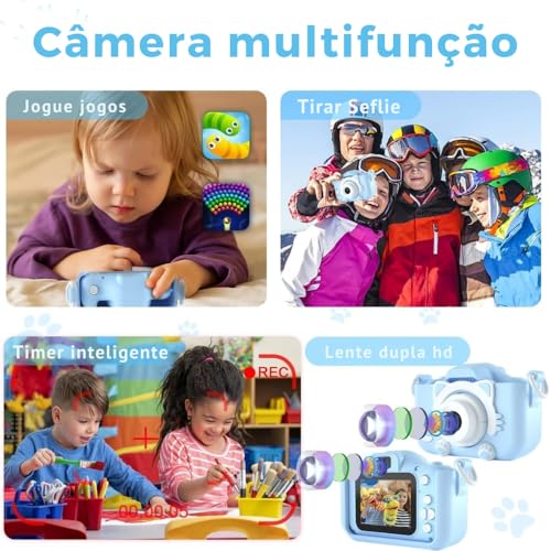 Câmera Digital Infantil Portátil – Recarregável, Com Tela LCD, Jogos e Vídeo HD – Presente Criativo para Crianças de 4 a 12 Anos – Antichoque, Fácil de Usar (Azul)
