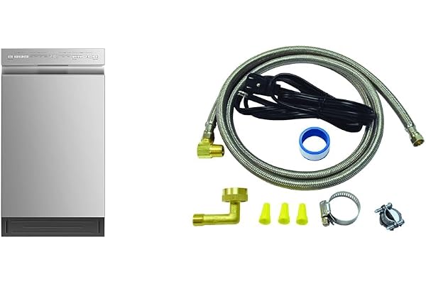 Midea MDF18A1AST Built-in Dishwasher with 8 Place Settings, 6 Washing Programs, Stainless Steel Tub & Eastman Dishwasher Installation Kit with Angled Electrical Cord, 3/4 Inch Compression