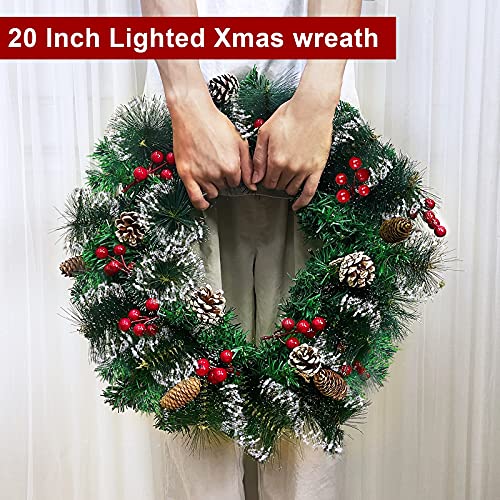 TURNMEON 20" Prelit Artificial Christmas Wreath for Front Door Decor