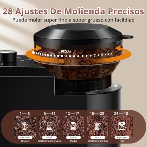 Molino de Café Eléctrico, 28 Ajustes de Molienda Precisión, Capacidad Ajustable para 2-12 Tazas con Función de Temporizador, Molino Cónico de Acero Inoxidable para Prensa Francesa, Café de Goteo, Moka