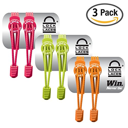 Lock laces (elastic no tie shoe laces) (pack of 3) (pink-green-or…