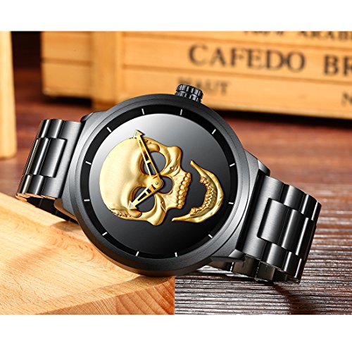 Mens Black Big Face Watches Men 30M Waterproof Large Luxury Stainless Steel Watch with Gold Dial for Men