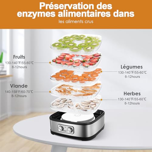 YASHE GGJ-261A Food Dehydrator, 5 Height Adjustable Trays, Temperature Control from 35 to 70°C, 240 Watts Deshydrator for Fruits and Vegetables, BPA Free