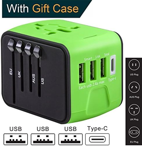 USB Type C International Power Adapter by Guez Products | USB Wall Charger for EU, UK, AUS, AUS, Asia and 150+ Countries | Travel Charger with 2.4A Smart Charge USB And 3.0A Type-C Port | Green