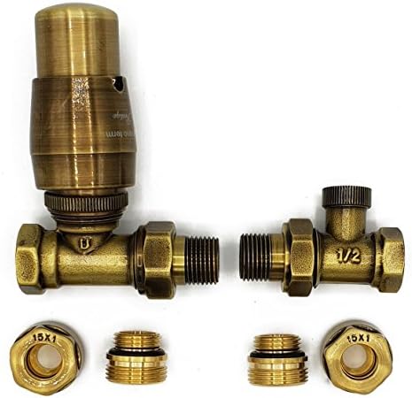 Straight Version with Copper (Cu) Connectors Elegant Antique Brass Thermostatic Lockshield Valve Radiator Set