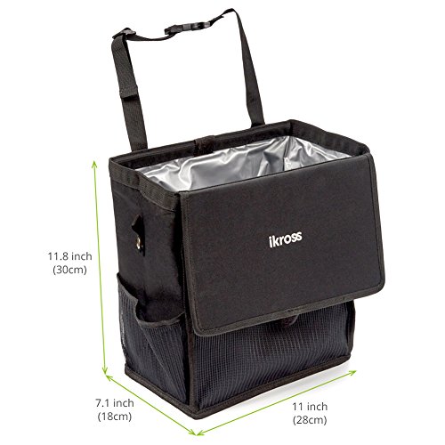 iKross Hanging Car Trash Organizer Bin Bag, Leakproof Auto Garbage Litter Storage Box with Cover Lid, Detachable Backseat Strap and Side Pockets - Black