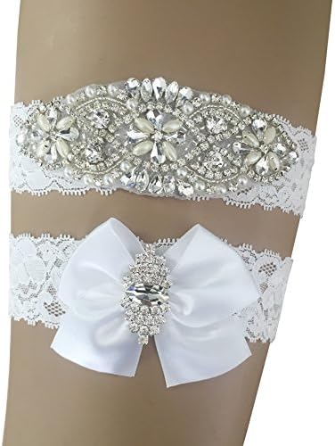 Vintage Bridal Garter Set Lace Wedding Garters For Bride White Bow Rhinestones