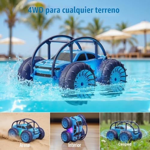 MaxTronic Amphibious Remote Control Stunt Car, Dual USB-C Charging for Car and Controller, 2.4 GHz, 360° Laps and Adjustable LED Lights, 15 km/h, RC Toy Boys and Girls Ages 3 to 12